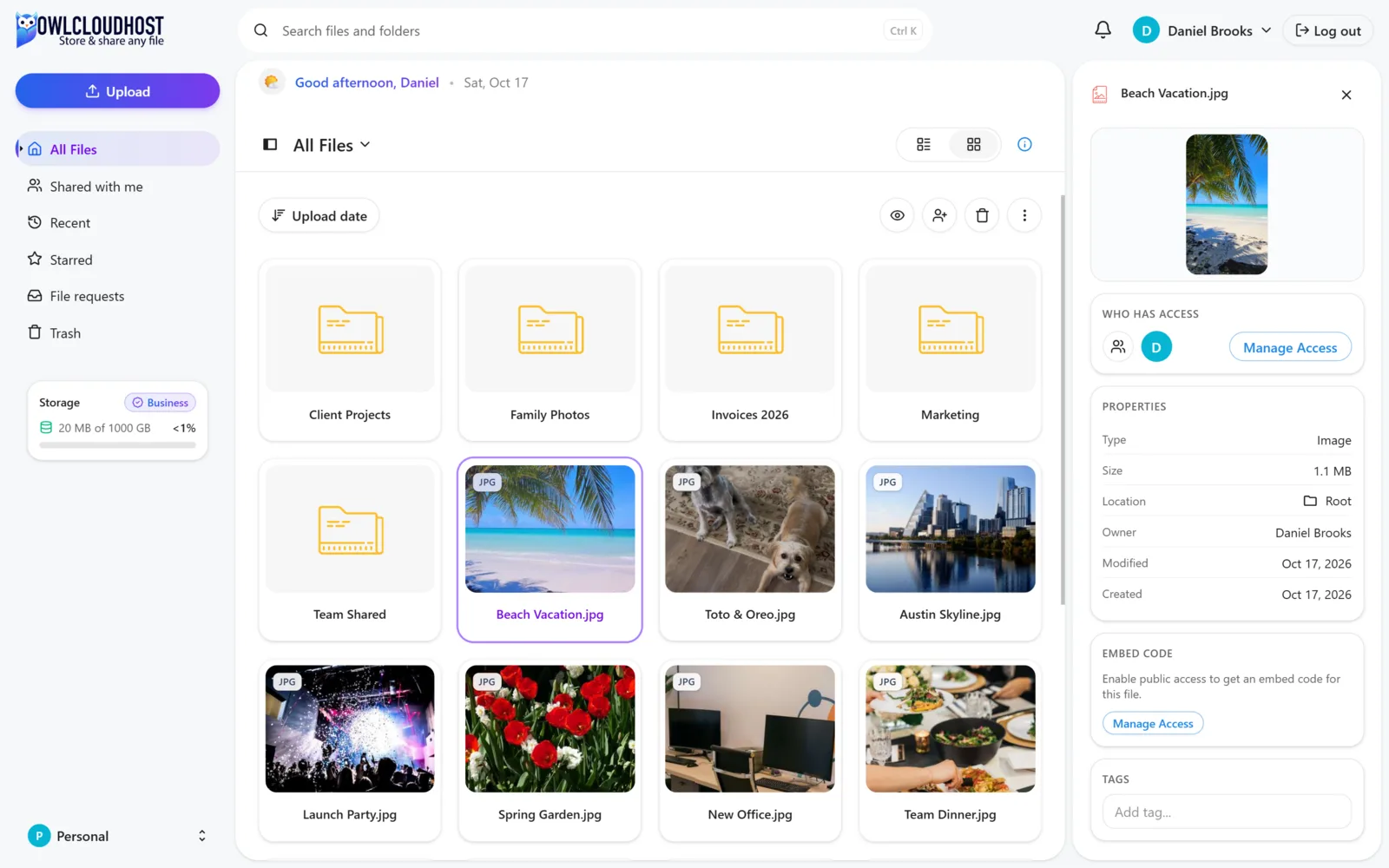 OwlCloudHost secure cloud storage dashboard with files and folders