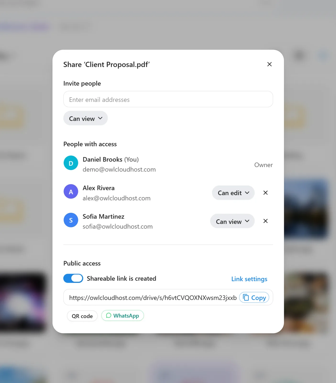 Share files with secure links and email invites in OwlCloudHost