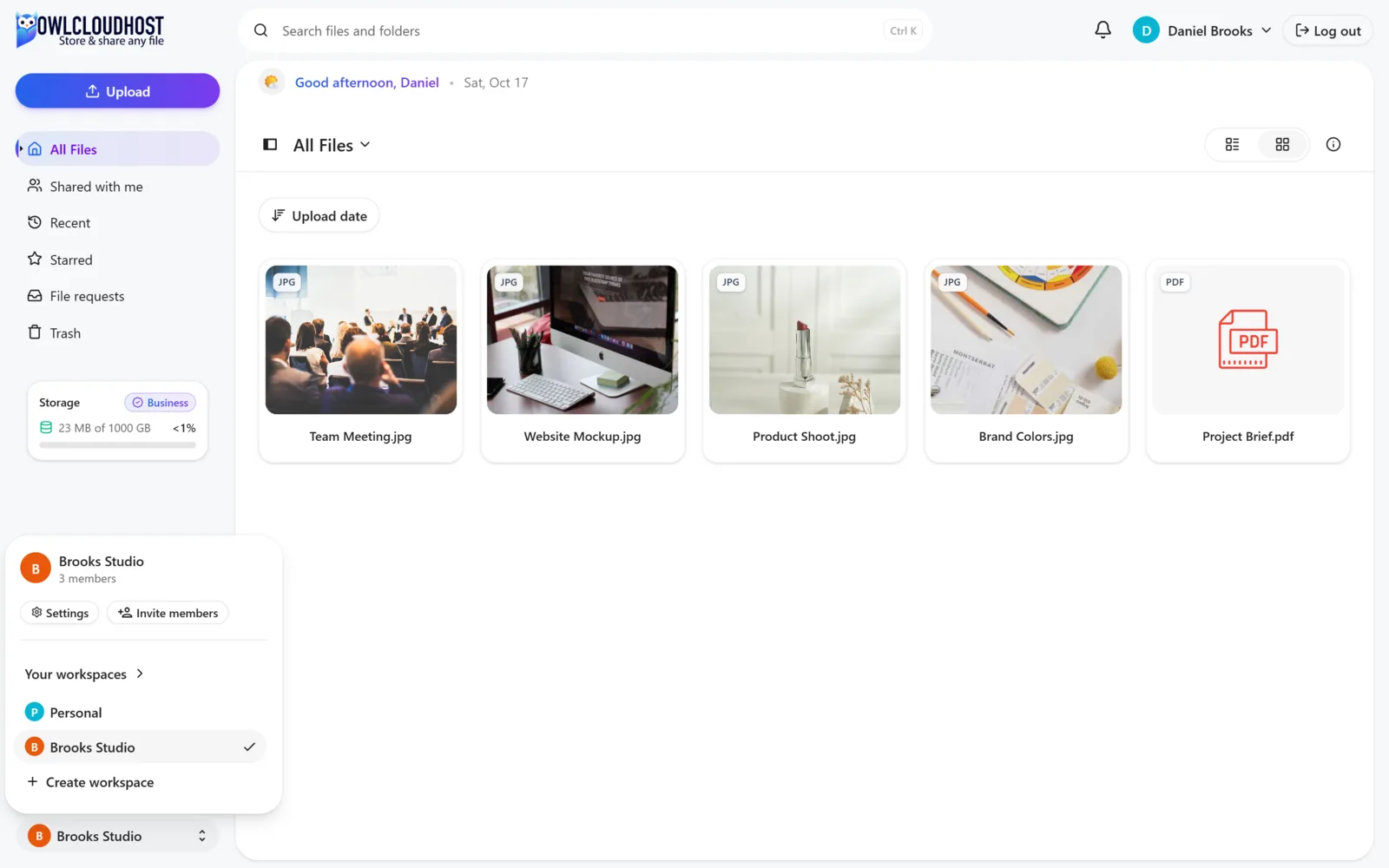 Shared team workspace with member roles in OwlCloudHost